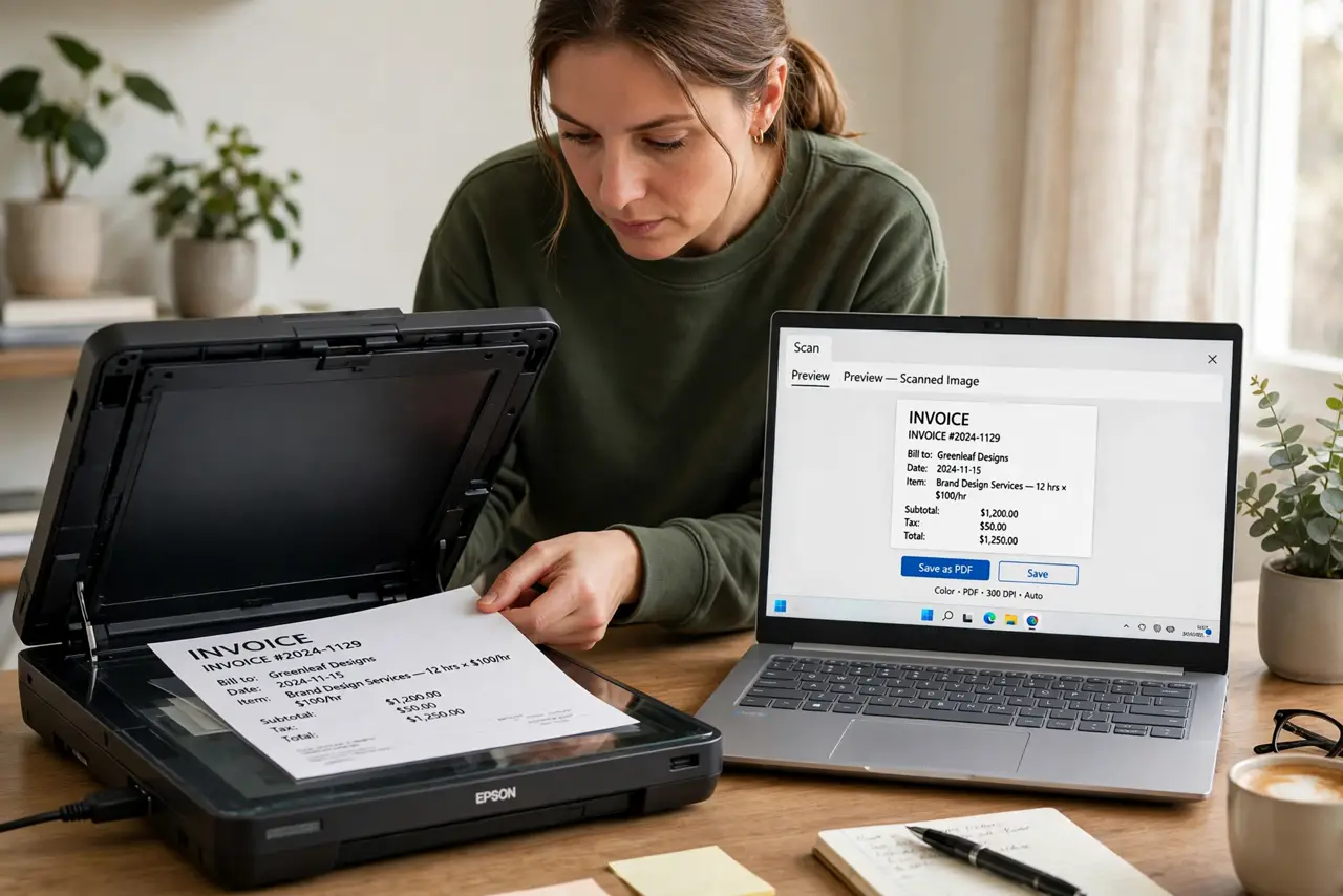 A person placing a document on a real flatbed scanner lid while a Windows laptop beside it shows the Scan app with