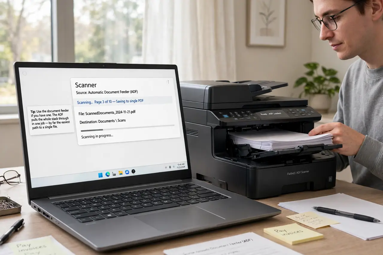 A person performing step 1: Use the document feeder if you have one. An automatic document feeder (ADF) pulls the whole stack through in o.