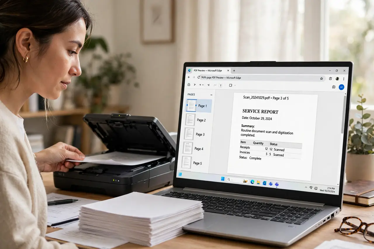 A person feeding pages into a real flatbed scanner next to a real Windows laptop showing a multi-page PDF preview, a neat stack of paper beside it, the.