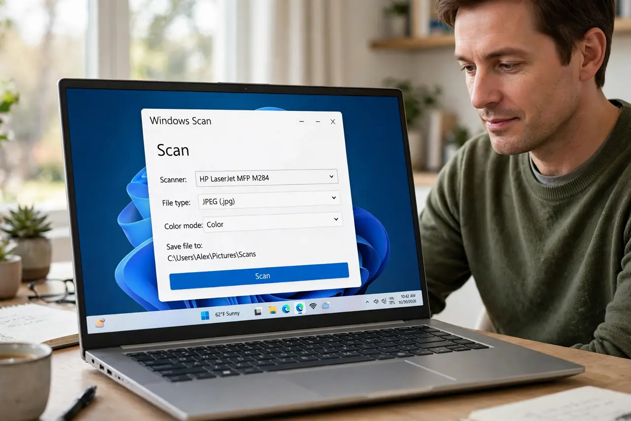 A person calmly performing the guide's first step: Open the Windows Scan app.
