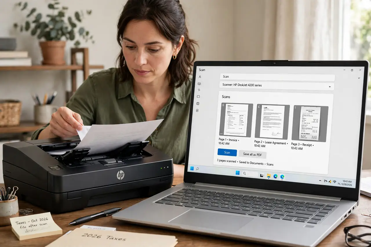 a person feeding pages into a real document scanner next to a Windows laptop showing the scan app with multiple page thumbnails, the person's face focused, home office. No black sc.