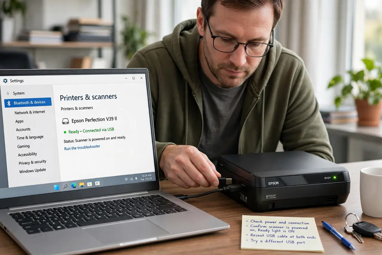 A person performing step 1 of the guide: Check power and the physical connection. Confirm the scanner is powered on with its ready light lit, and reseat the USB cable at both end...