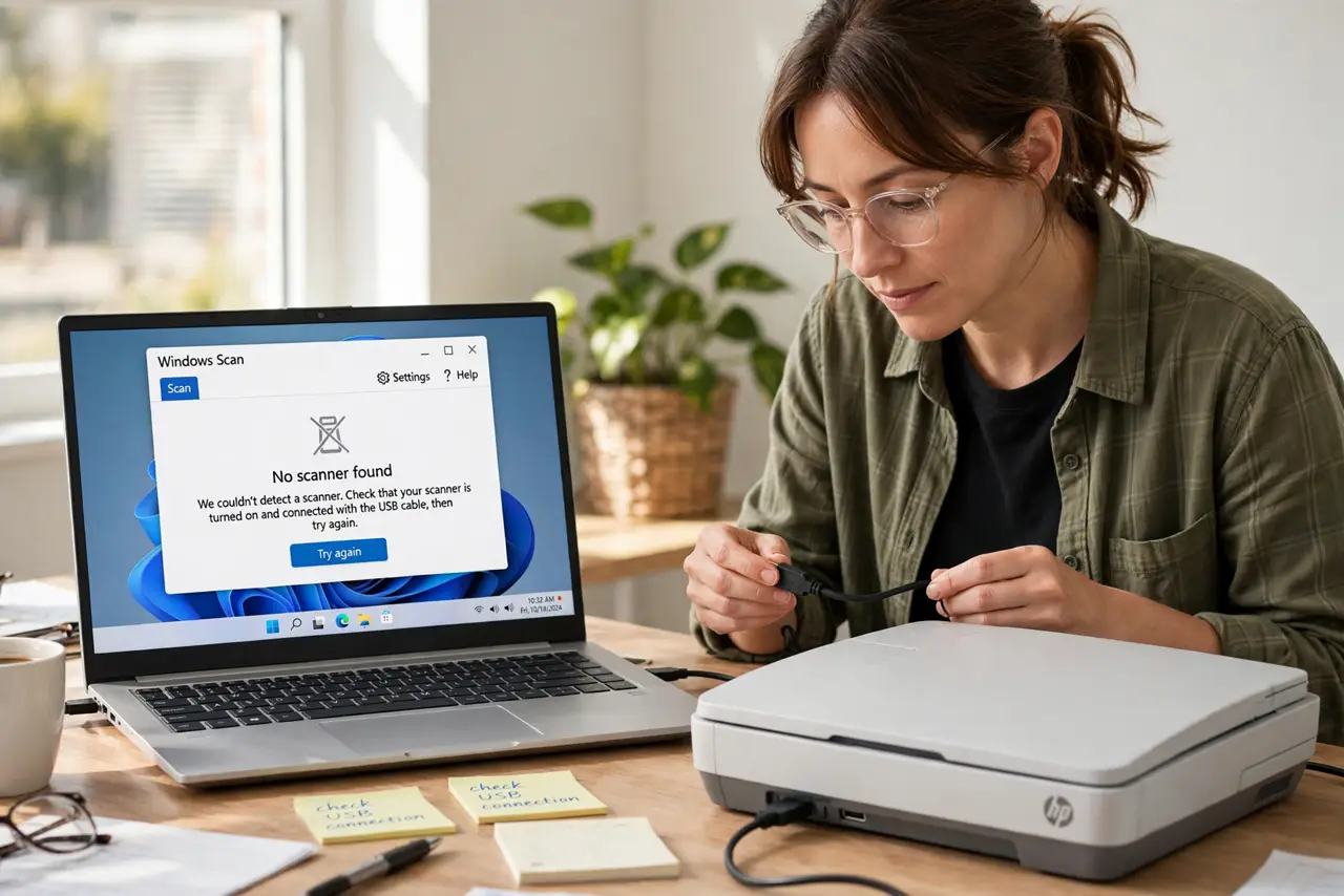 a real person at a desk next to a real flatbed scanner, the Windows Scan app visible on the real monitor with fully legible text showing no scanner found, the person checking the scanner's cable.