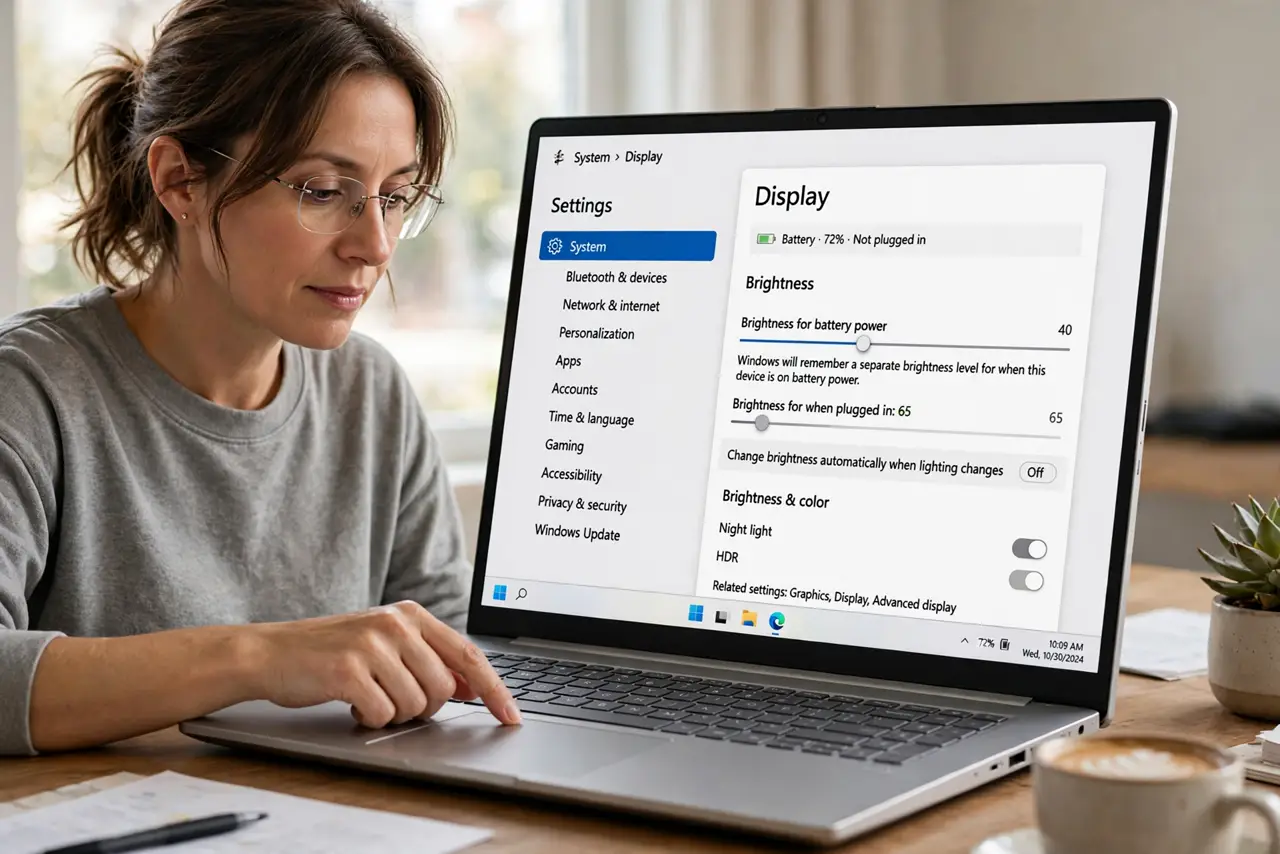 A person performing step 1 of the guide: Set brightness separately for battery. Go to Settings > System > Display and set the brightness slider while unplugged. Windows remembers...