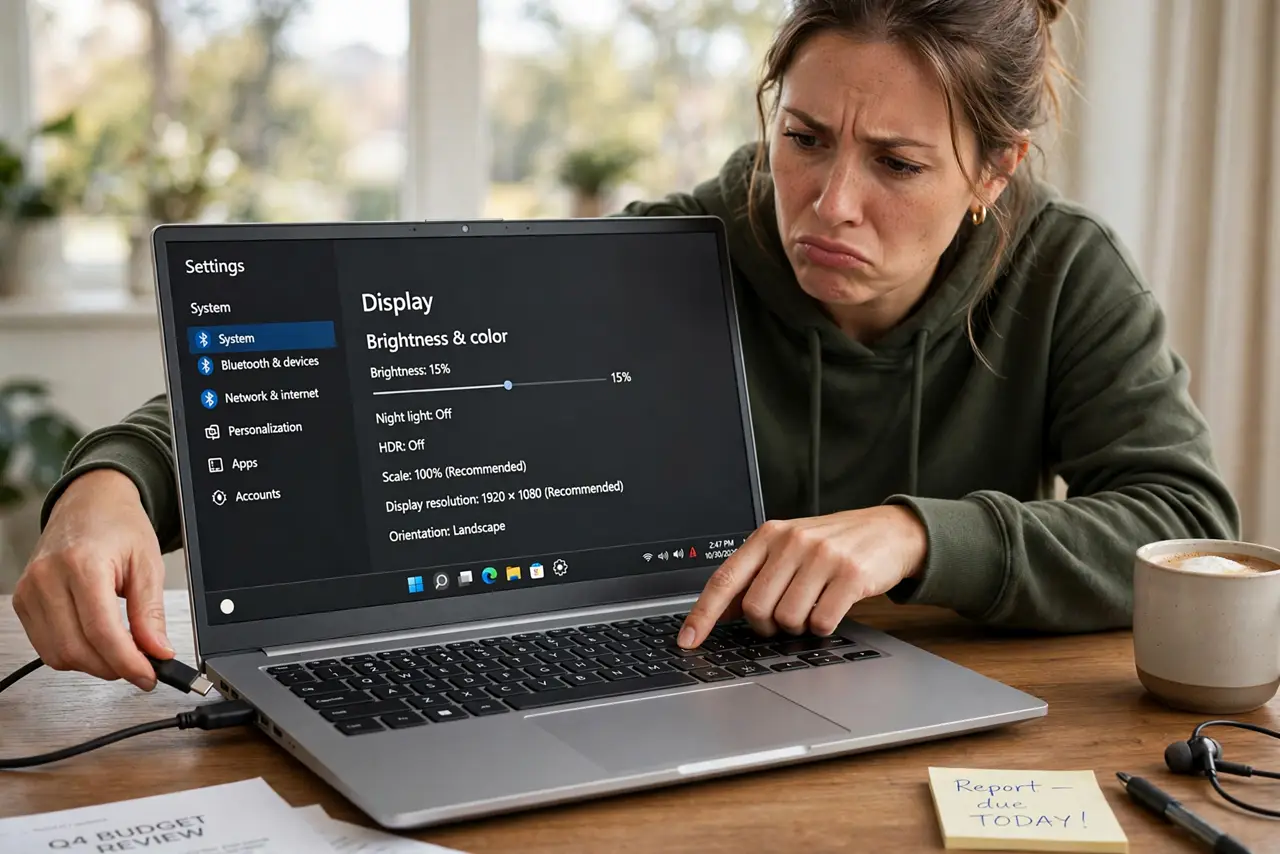 an annoyed adult unplugging a real Windows laptop, the screen visibly dimmer with fully legible text on it, the person reaching for brightness keys.