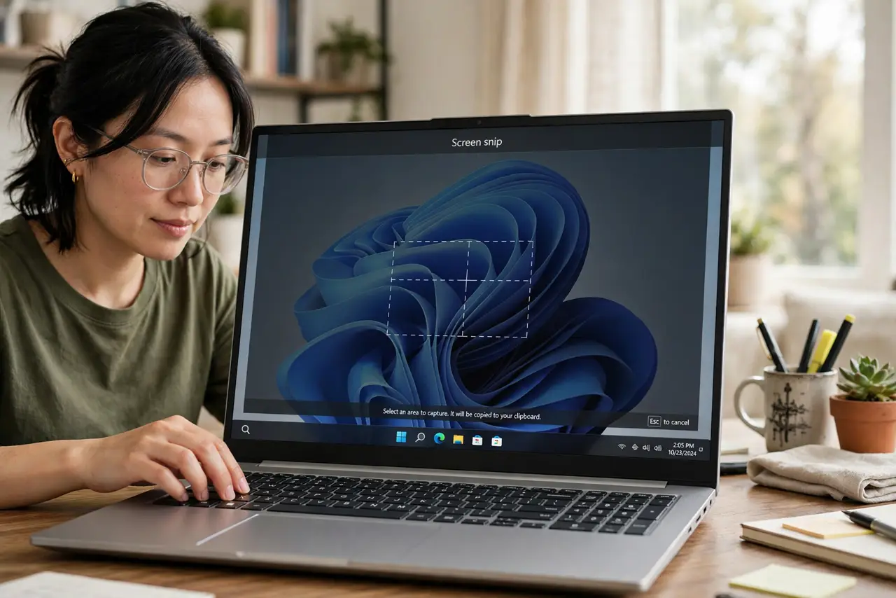 Photoreal photo of a person performing the first step: Learn the shortcut. Windows+Shift+S dims the screen and gives you a crosshair — drag over the area you want. Release, and the snip is on your clipboar...