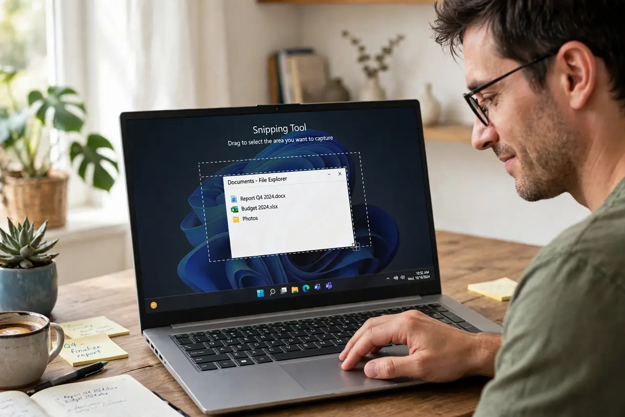 Photoreal photo: a person drawing a selection box on a real Windows screen with the snipping overlay dimming the background, the person's face focused, home office. No black screen, no blank white screen, no fake or garb