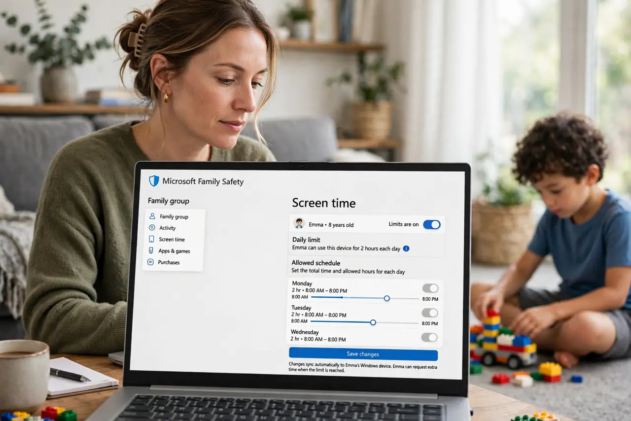 a parent setting real screen time limits on a Windows Family Safety screen with legible time sliders, child playing nearby, the parent's face calm and in charge, living room.