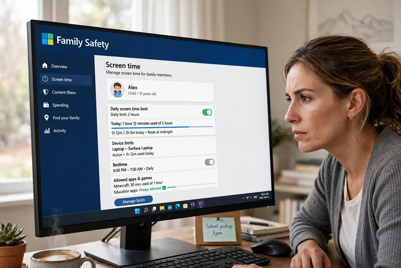 A parent checking screen time settings on a real Windows PC monitor with the family dashboard fully legible, the person's face determined, home office.