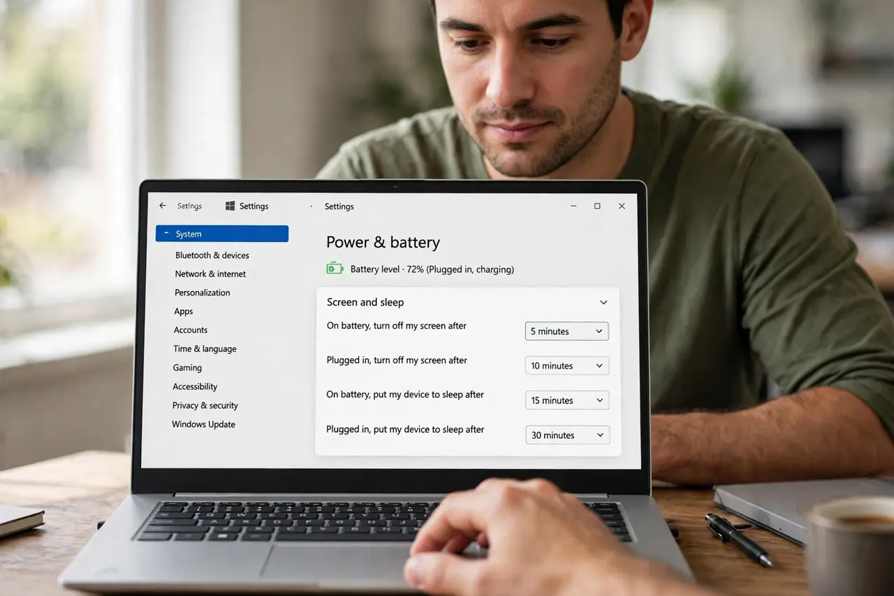 A person performing the first step of the guide: Open Power and battery.