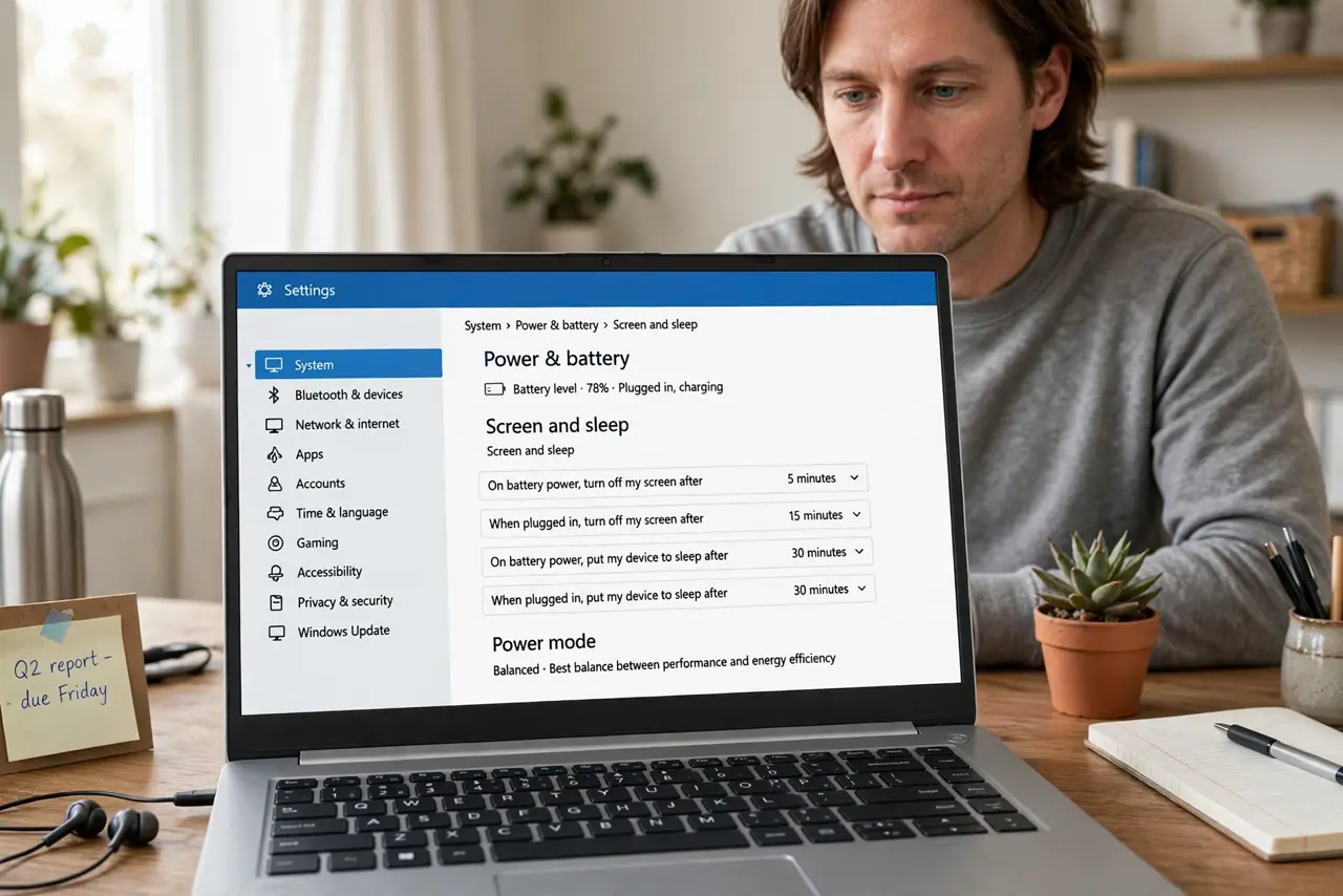 a person using a real Windows laptop at a desk, the power settings page open showing screen timeout options with legible text, the person's face focused, home office.