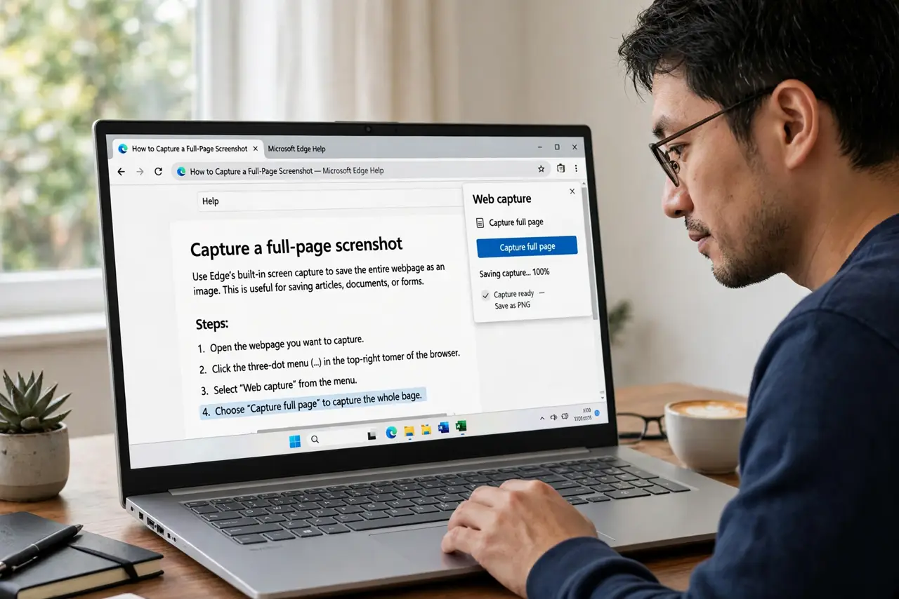 A person calmly performing the guide's first step: Use the browser's full-page capture.