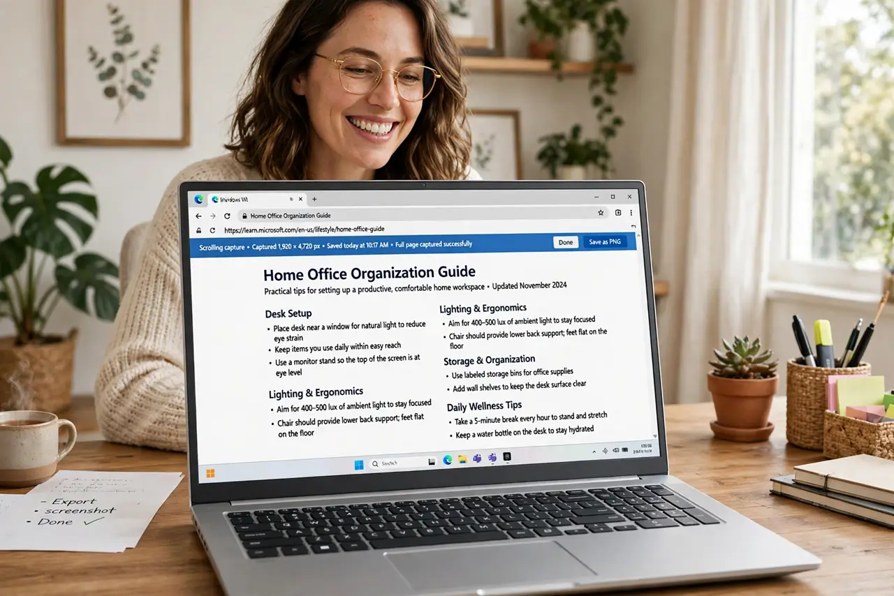 a person using a real Windows laptop showing a browser capturing a full long web page as one scrolling screenshot, the person's face satisfied, bright home office. No black screen,.
