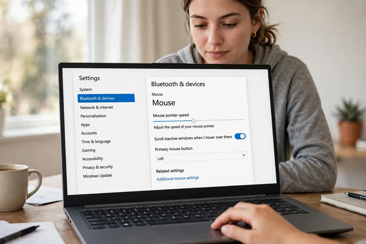 A person carrying out step one: open the mouse settings.