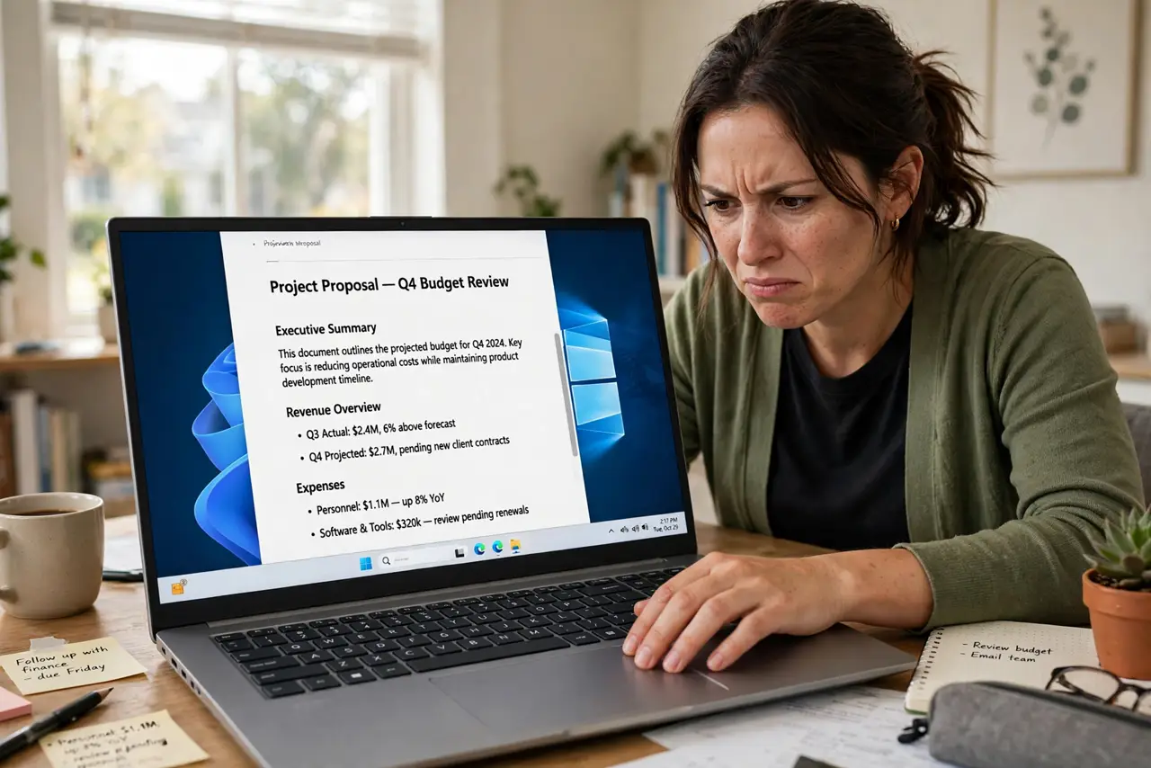 A person scrolling on a Windows laptop touchpad, the screen showing a long document moving, their face slightly annoyed then adjusting, home office desk.