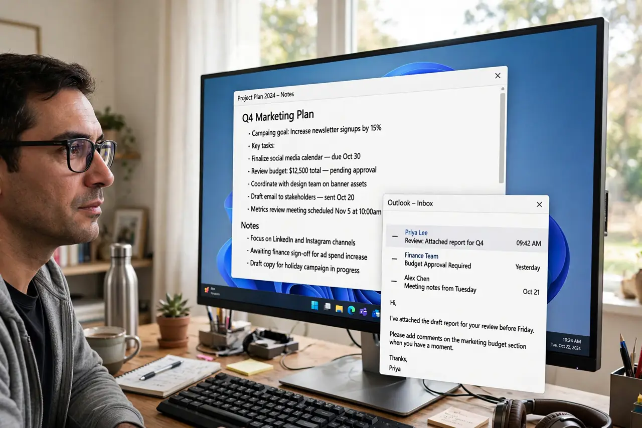 A person at a real Windows 11 PC, the monitor showing two overlapping windows with the background one being scrolled, fully legible, the person's face focused, home office.