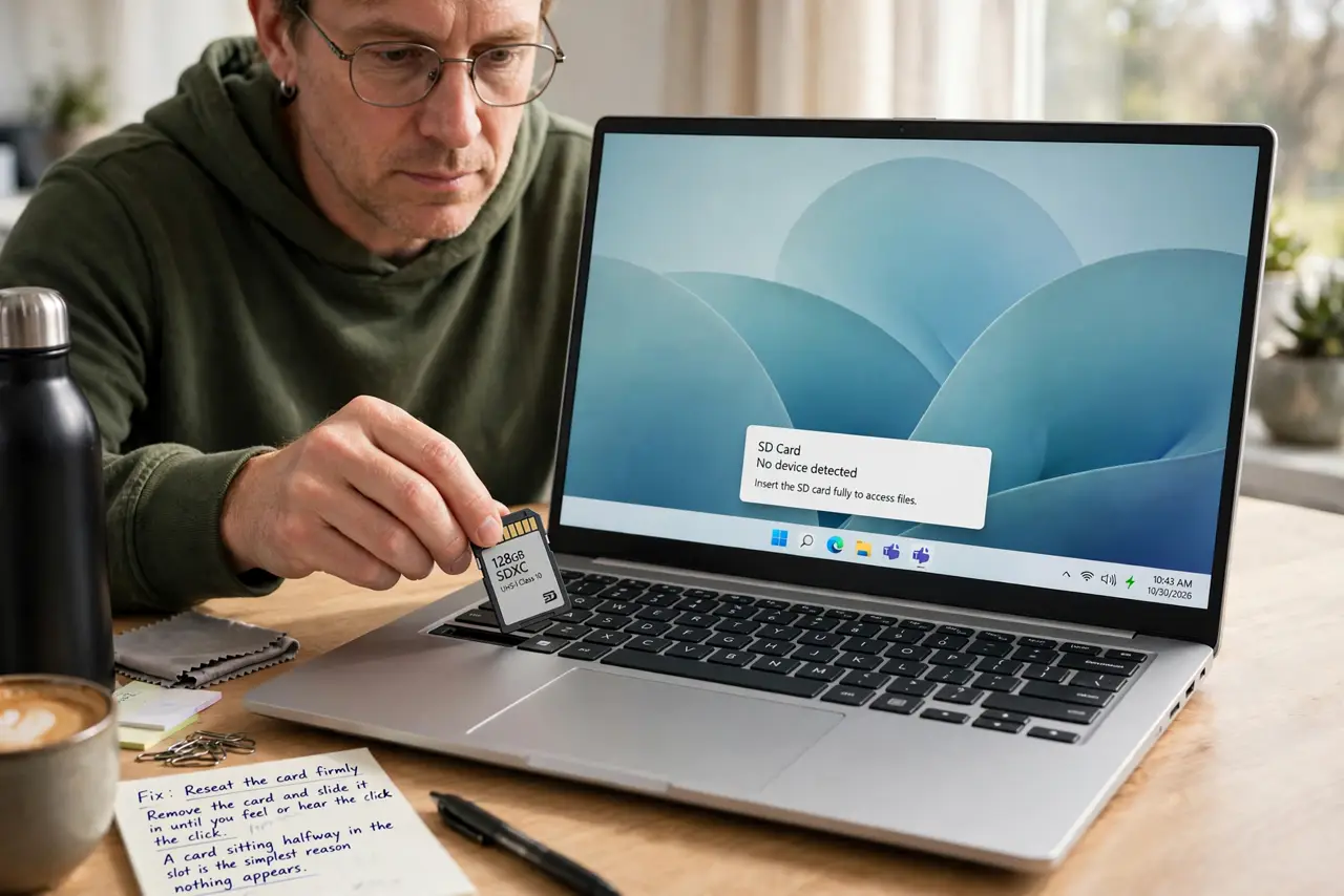 A person performing step 1 of the guide: Reseat the card firmly. Remove the card and slide it back in until you feel or hear the click. A card sitting halfway in the slot is the ...