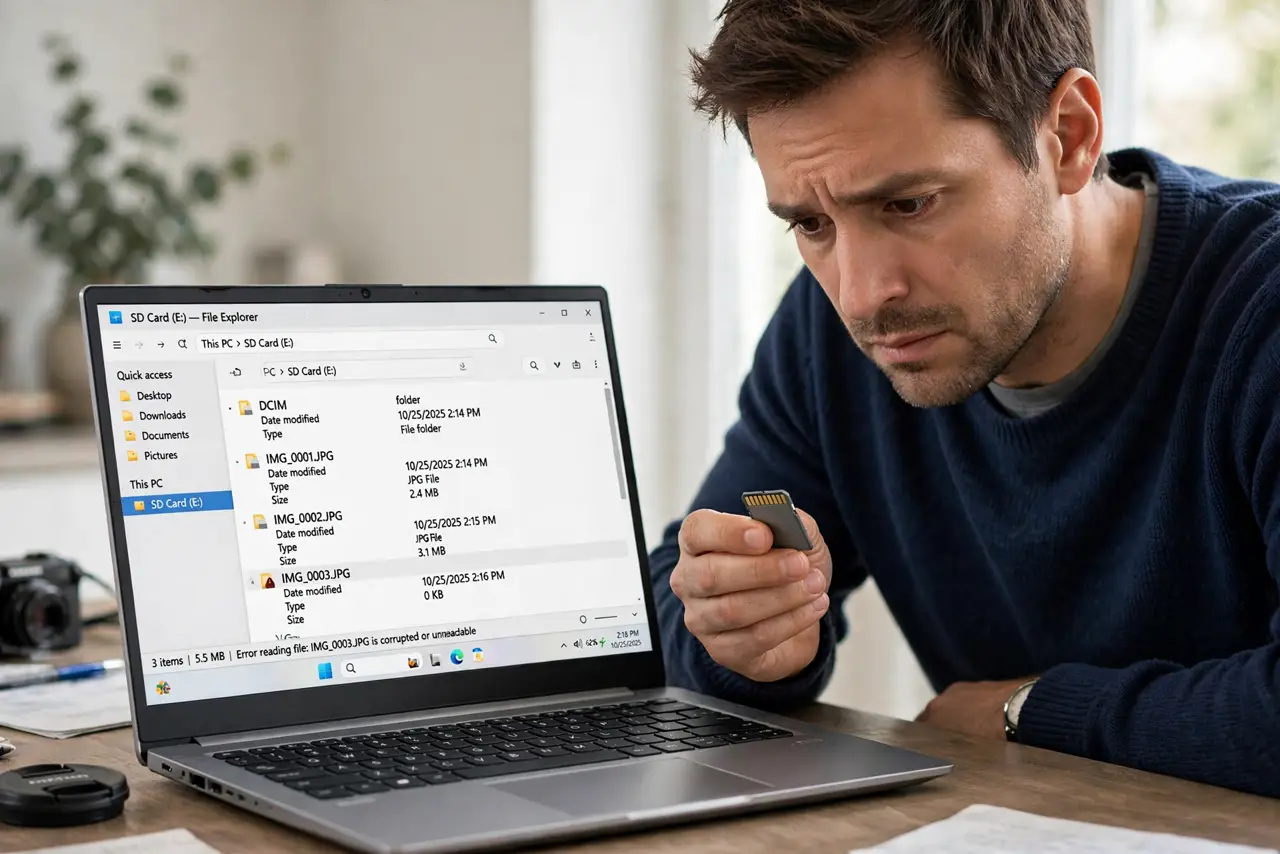 a concerned adult holding a real camera SD card next to a real Windows laptop, the laptop screen showing File Explorer with fully legible text, the person examining the card.