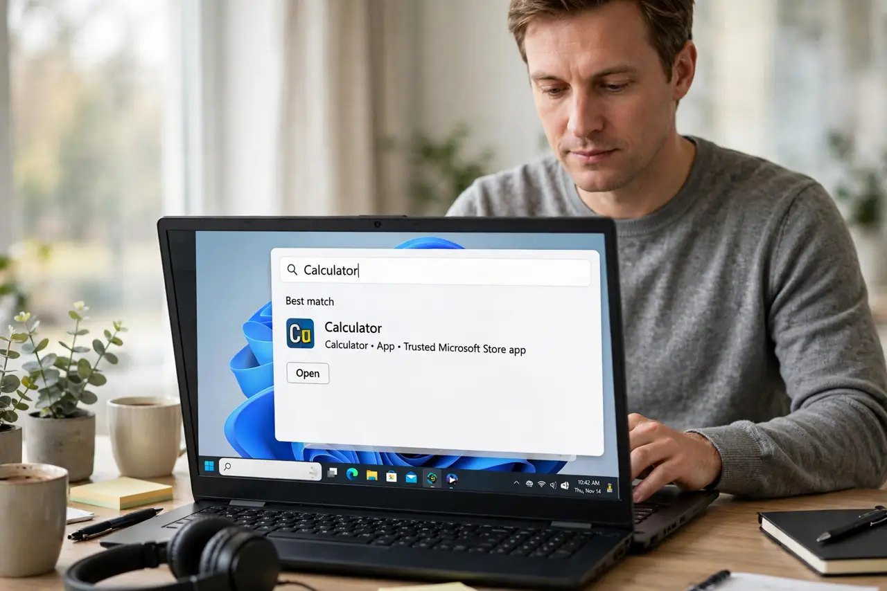 A calm adult typing Calculator in the Windows search box on a Windows laptop.
