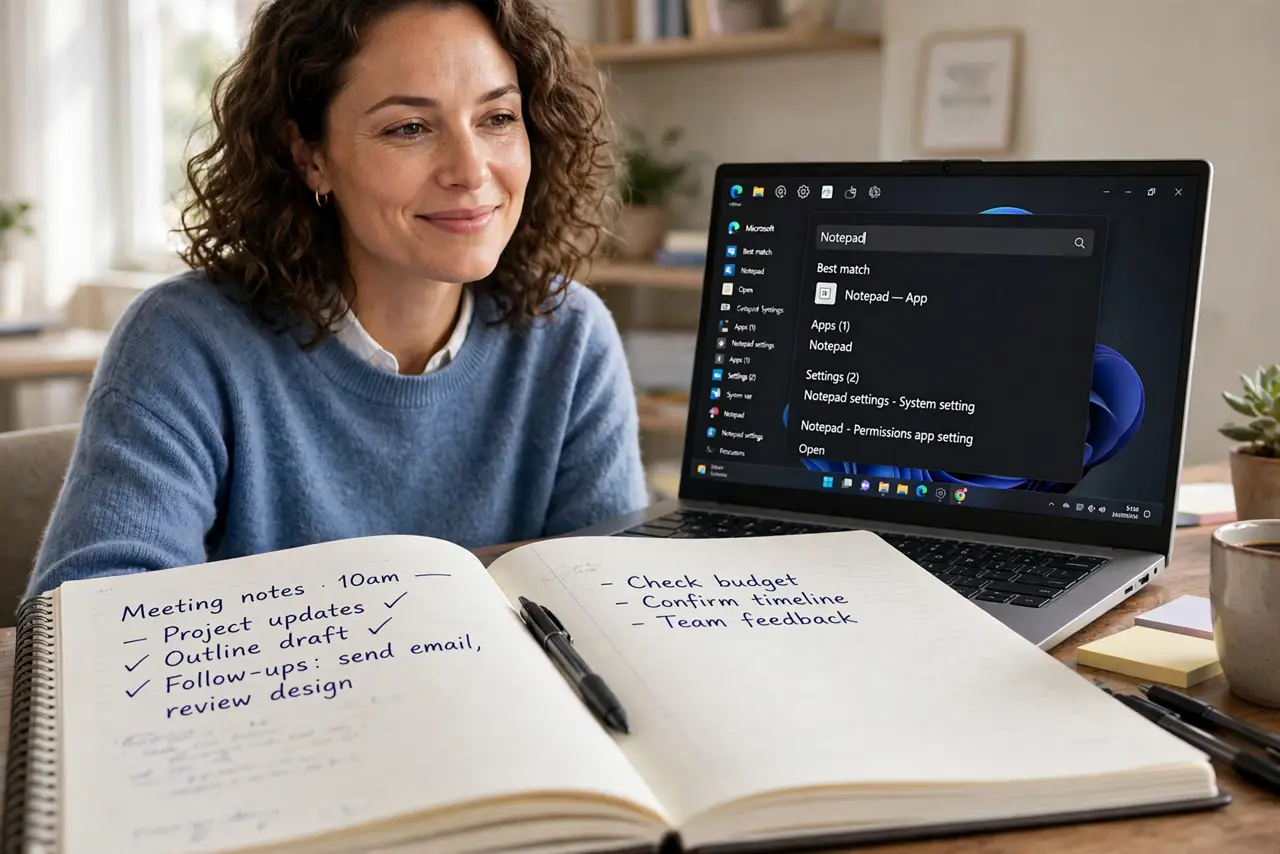 A calm adult at a desk with a Windows laptop, the Start menu search box open with results legible.