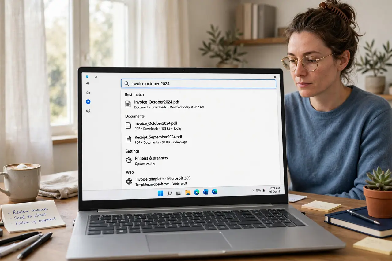 a person at a real Windows PC with the search panel open showing a clean results list without decorative art, the person's face calm, home office.