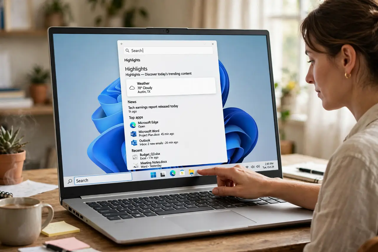 Photoreal photo of a person performing the first step: Open the search box. Click the search box on the taskbar or press the Windows key. The highl...