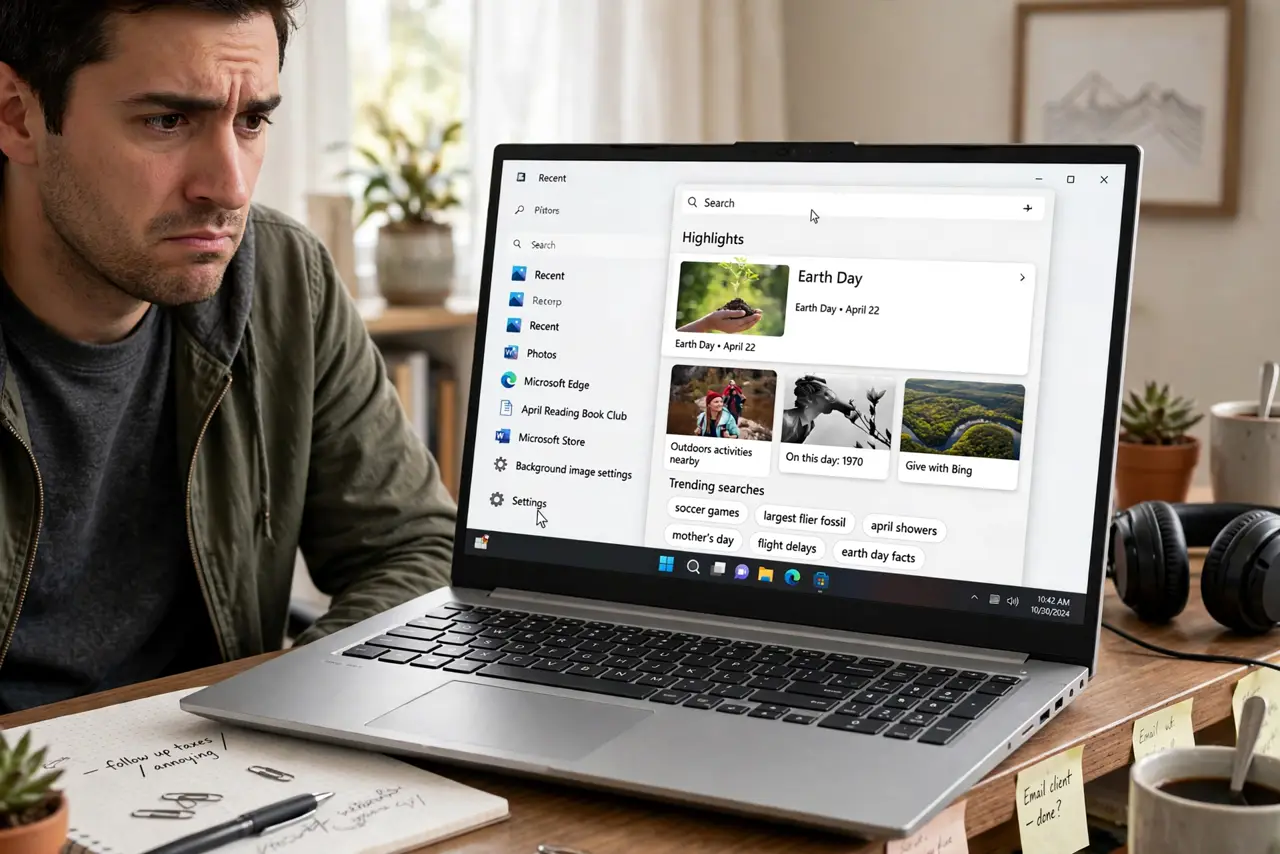 Photoreal photo: a person at a real Windows PC showing the search box open with the highlights illustration visible, the cursor near the settings toggle, the person's face mildly annoyed, home office. No black scre...
