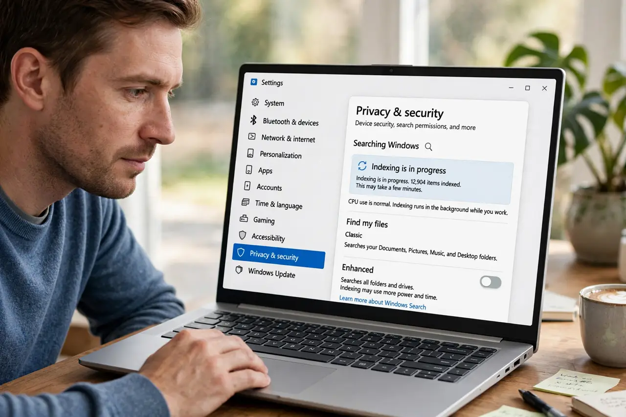 A person performing step 1 of the guide: Check whether indexing is still in progress. Go to Settings > Privacy & security > Searching Windows. If it says indexing is in progress,...