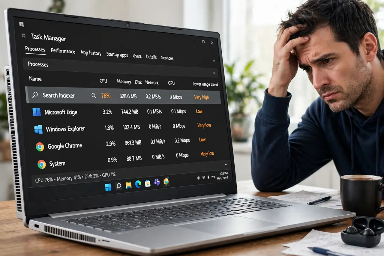 a frustrated adult looking at a real Windows laptop showing Task Manager with Search Indexer using high CPU and fully legible text, the fan vents visible.