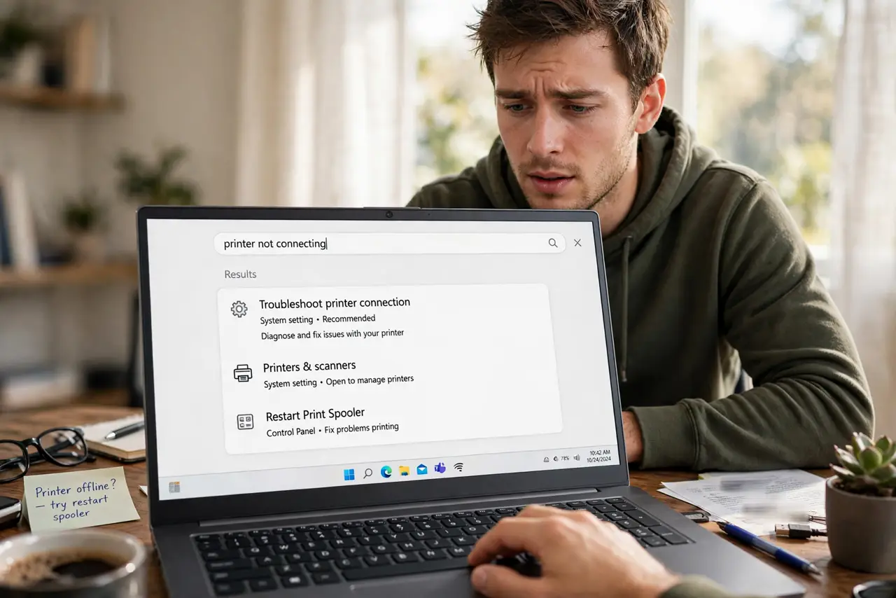 a person typing in the real Windows search box on a real laptop with results appearing instantly and legibly, the person's face relieved, desk.
