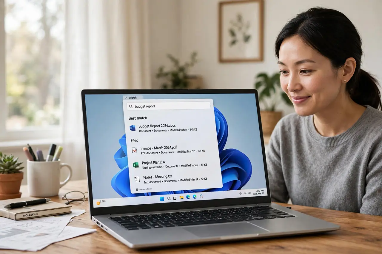 a person using a real Windows laptop, the Start menu search open showing clean local file results with legible text, the person's face satisfied, home office.
