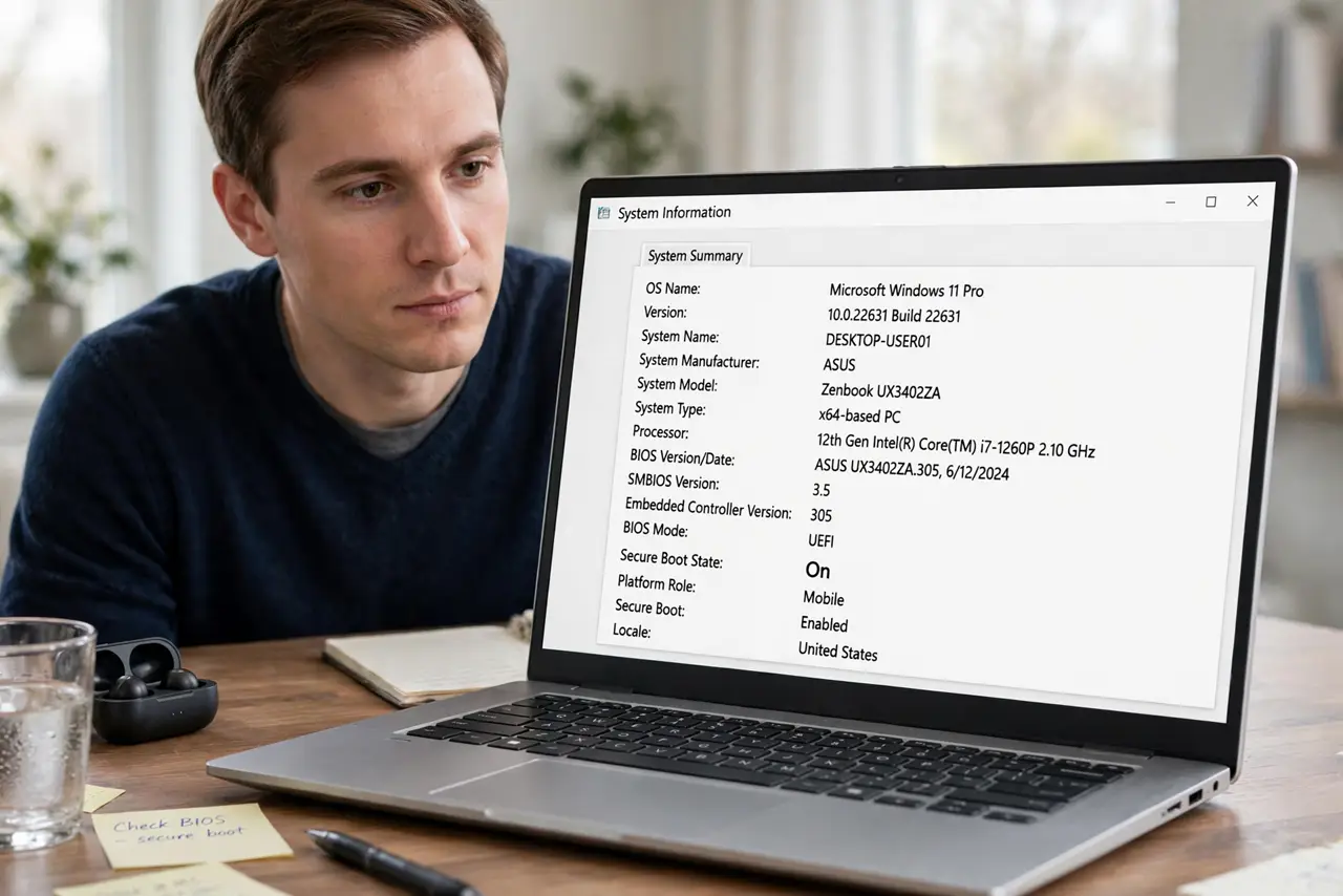 A person looking at a real Windows PC screen showing the System Information window with a legible Secure Boot State line, the person's face neutral.