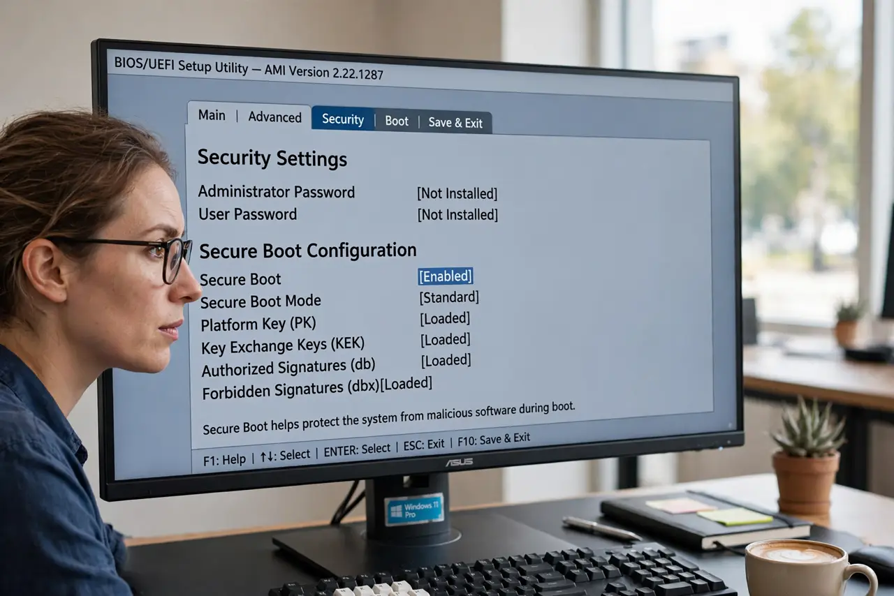A person viewing the BIOS/UEFI settings screen on a real PC monitor showing Secure Boot options with legible text, the person's face careful and focused.
