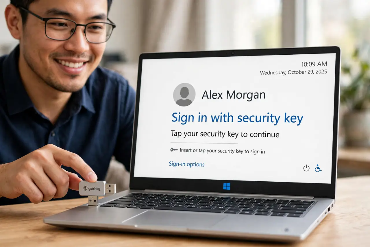 A person tapping a real USB security key plugged into a real Windows laptop, the Windows sign-in screen fully legible, the person's face confident.