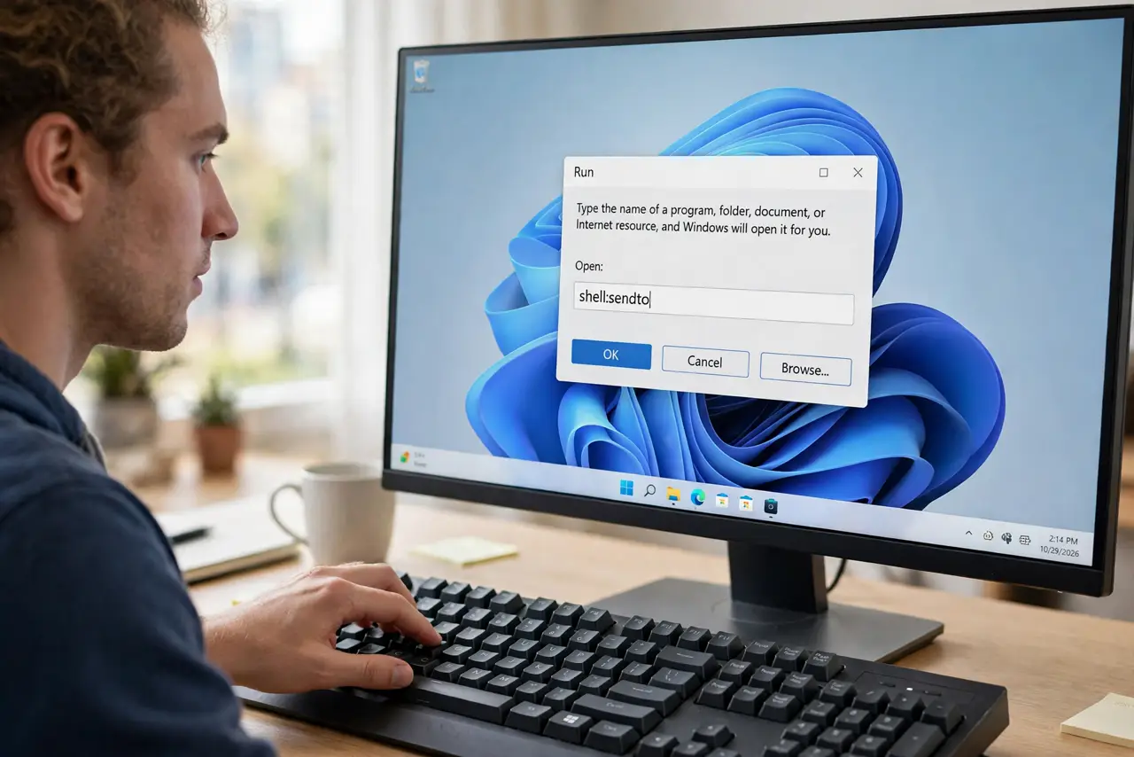 A person performing step 1: Open the Send To folder.
