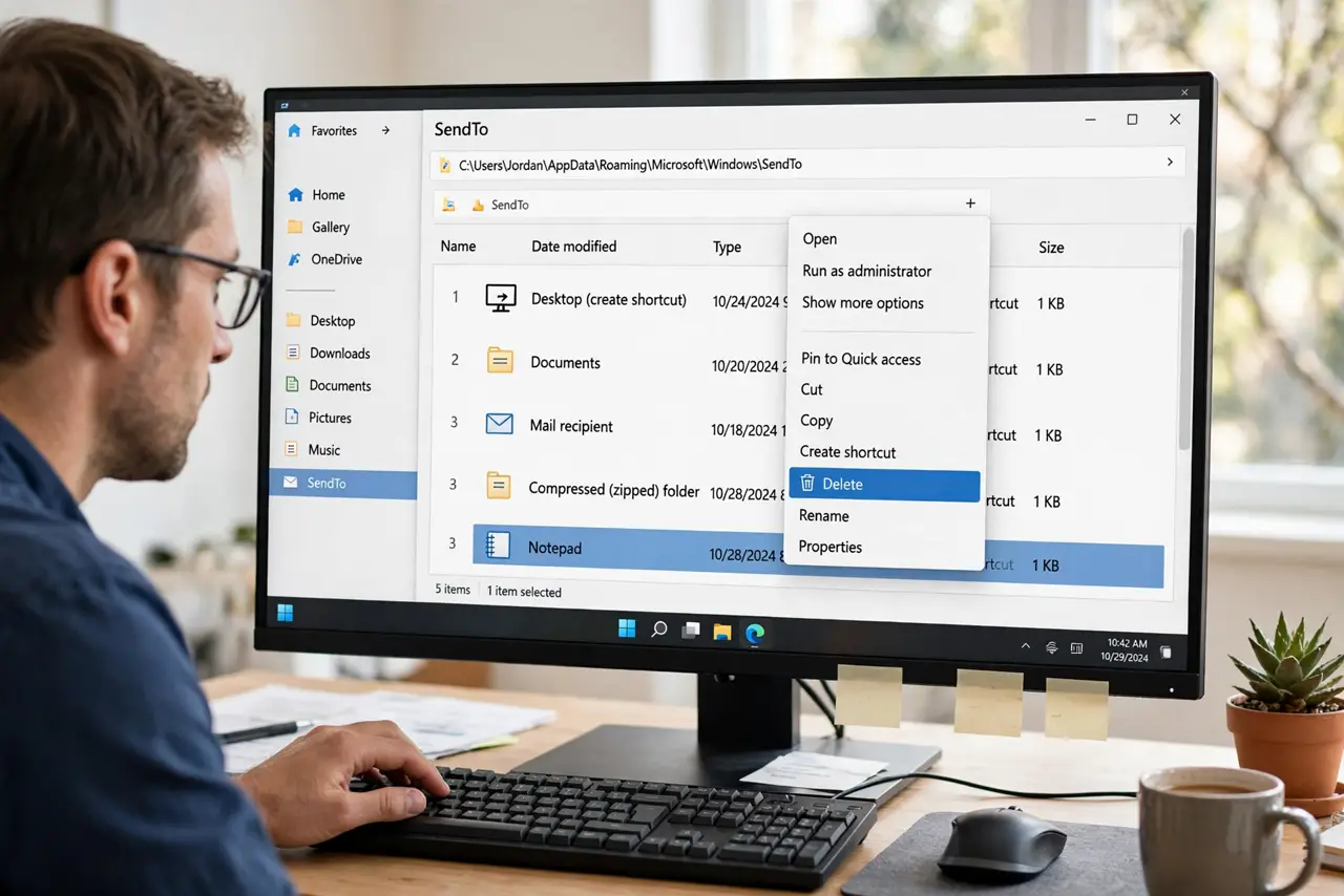 A person viewing the Send To folder window on a real Windows PC monitor showing shortcut icons fully legible, the person's hand deleting one, focused.