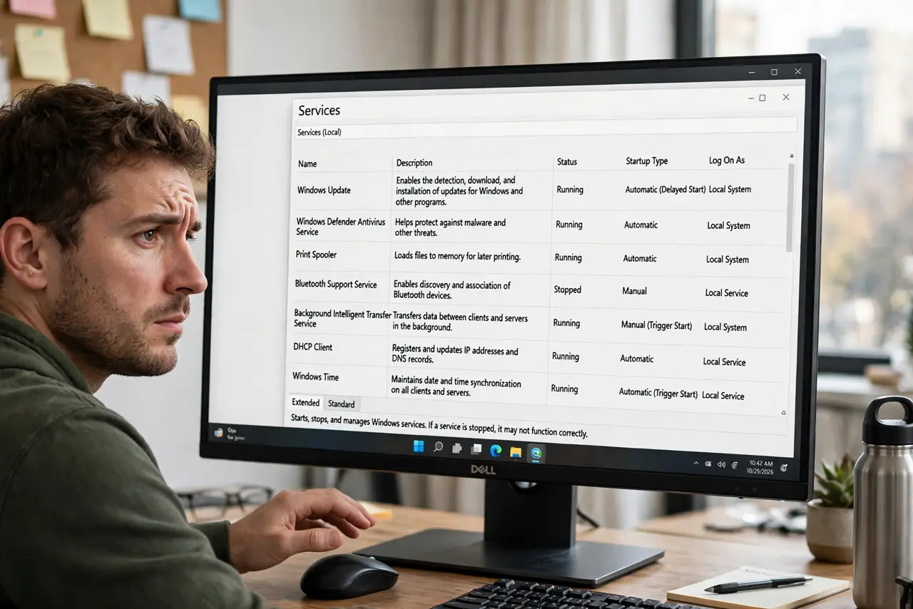A person viewing the Services window on a real Windows PC monitor with the service list fully legible, the person's face cautious, hand hovering over the mouse.