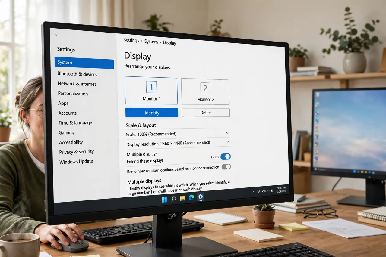 A person performing the first step: Open Display settings. Go to Settings > System > Display. The numbered rectangles.