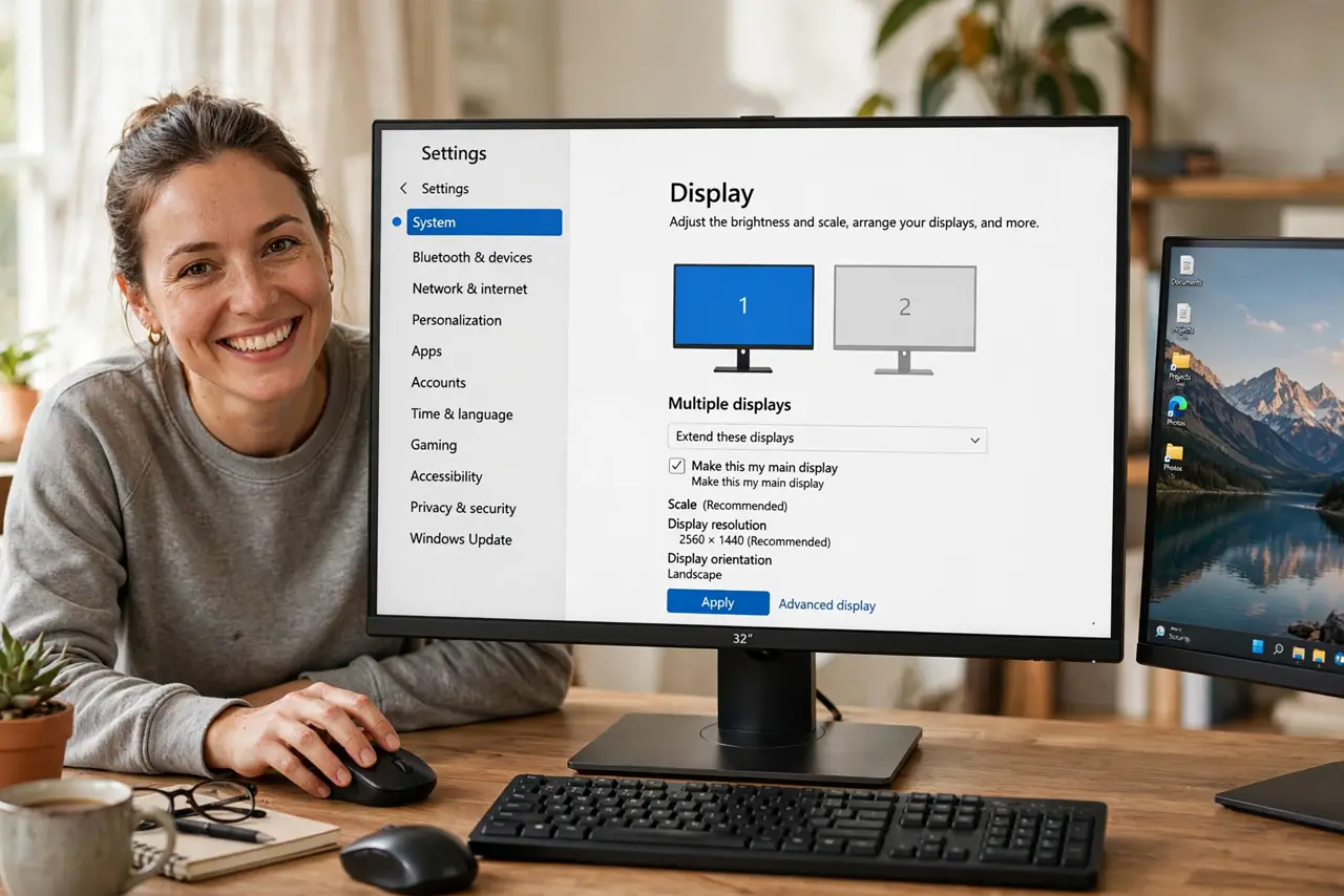 A person clicking 'Make this my main display' in real Windows Display settings with the legible monitor diagram on a