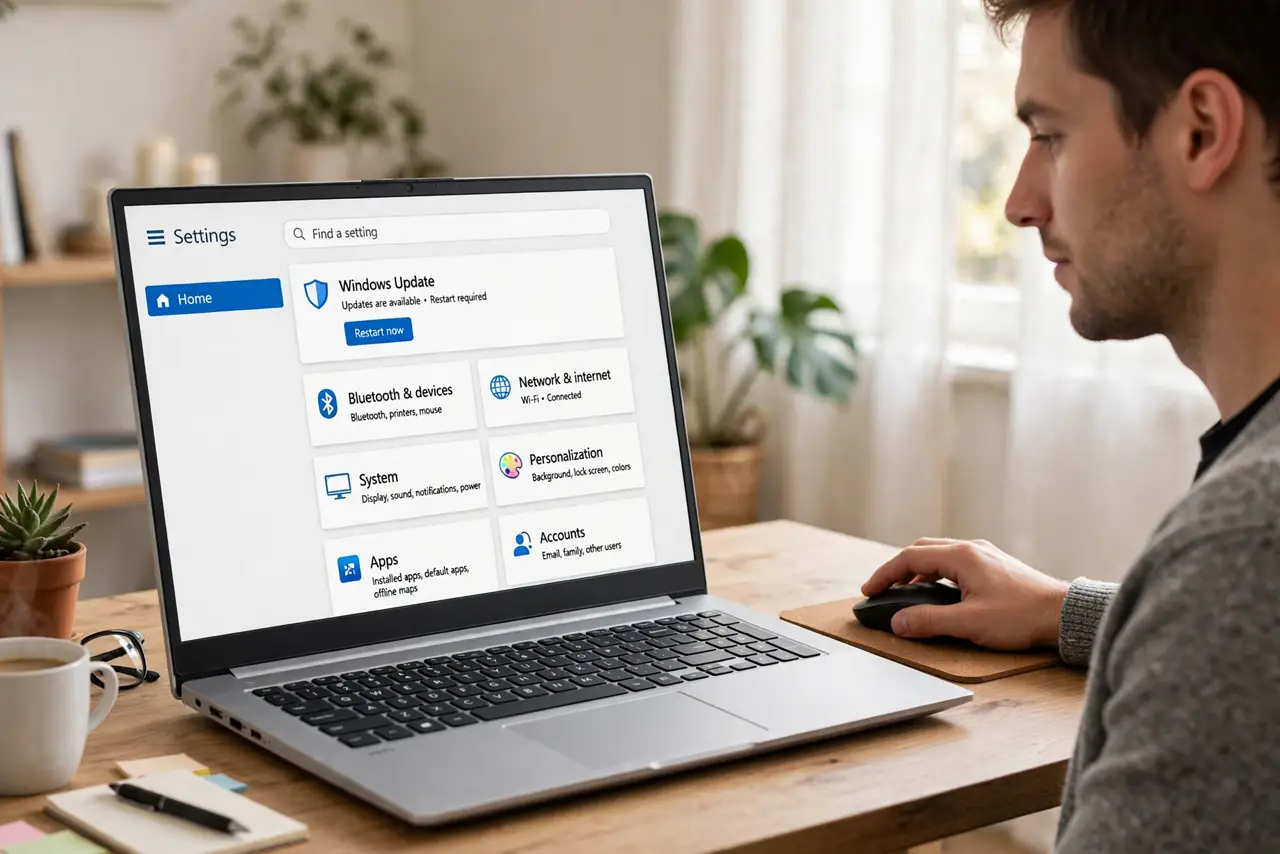 a person using a real Windows 11 PC, the Settings app open on the home page showing cards, the person's hand on the mouse, face calm and focused, bright home office. No black scree.