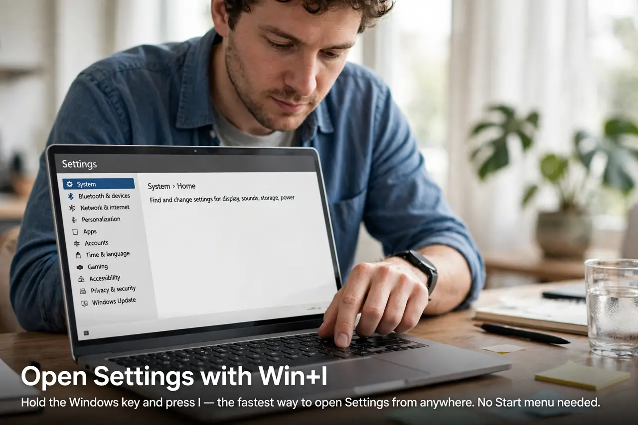 A person performing the first step of the guide: Open Settings with Win+I.