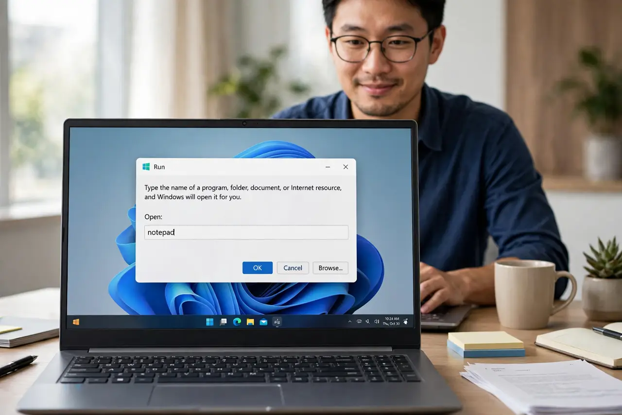 a person at a desk with hands on a real keyboard, a Windows Run dialog with a legible command on screen, the person's face efficient and pleased, tidy desk.