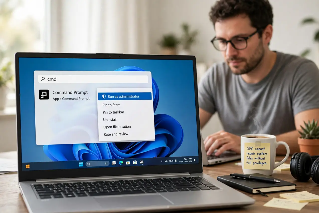 A person performing the first step of the guide: Open an administrator Command Prompt. Press the Windows key, type cmd, right-click Command Prompt, and choose.