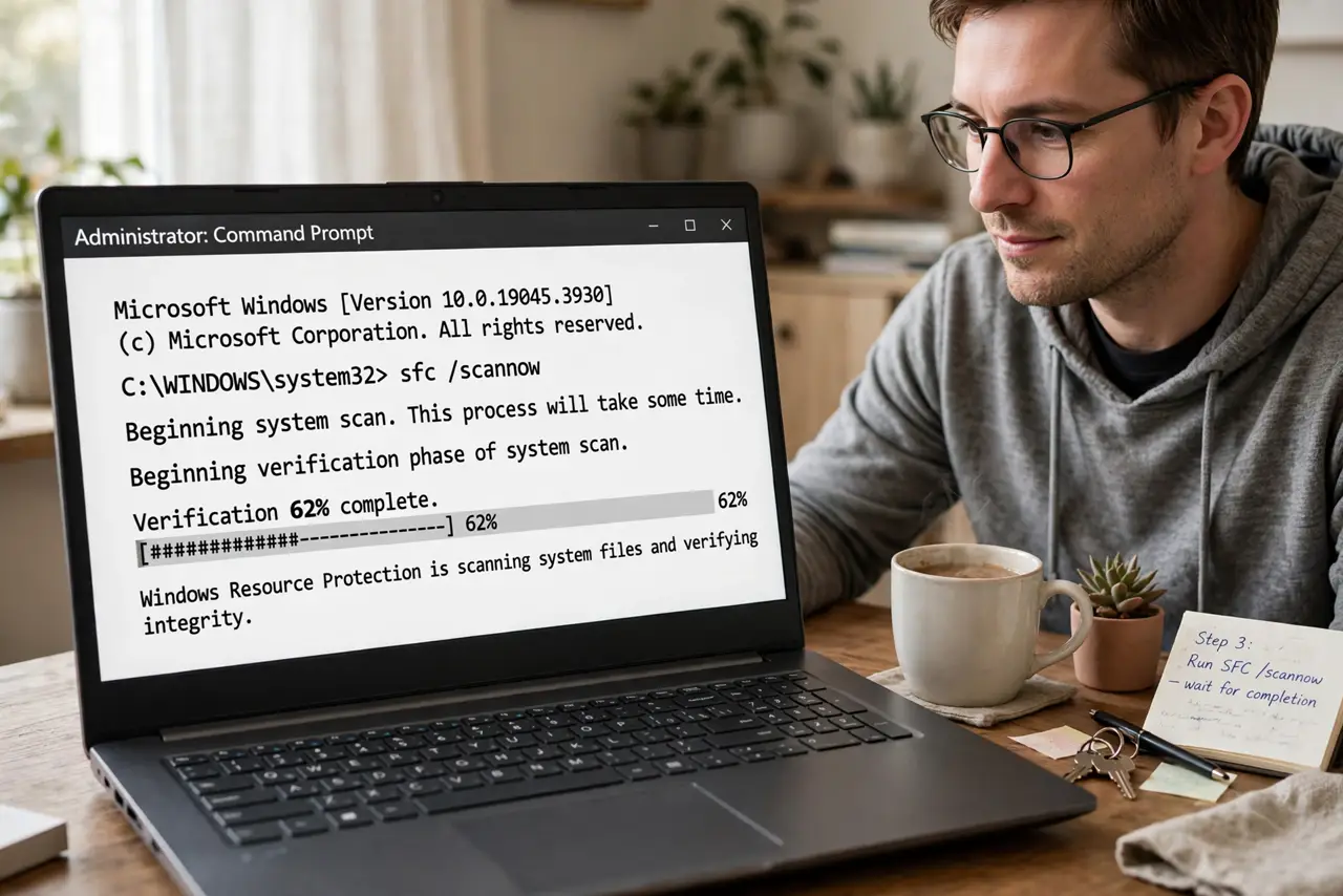 A person watching a real PC monitor showing a Command Prompt window with SFC scan progress percentage legible, the person seated calmly with coffee.