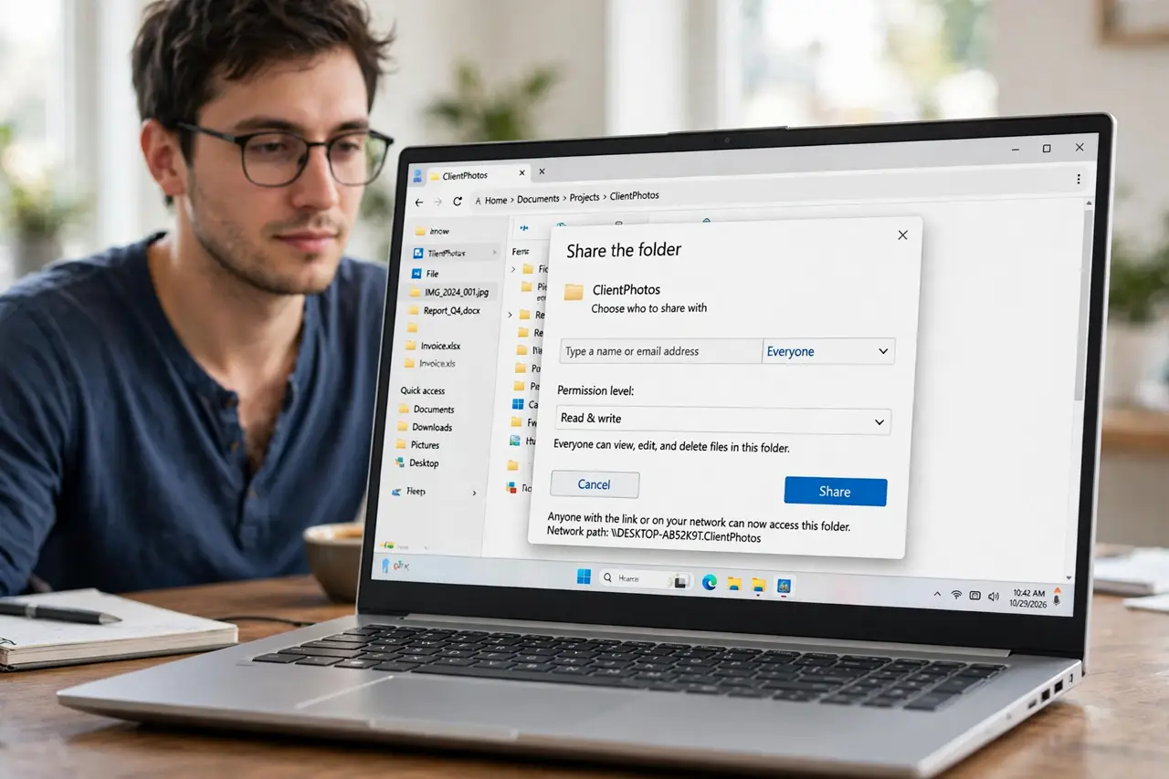 A person calmly performing the guide's first step: Share the folder.