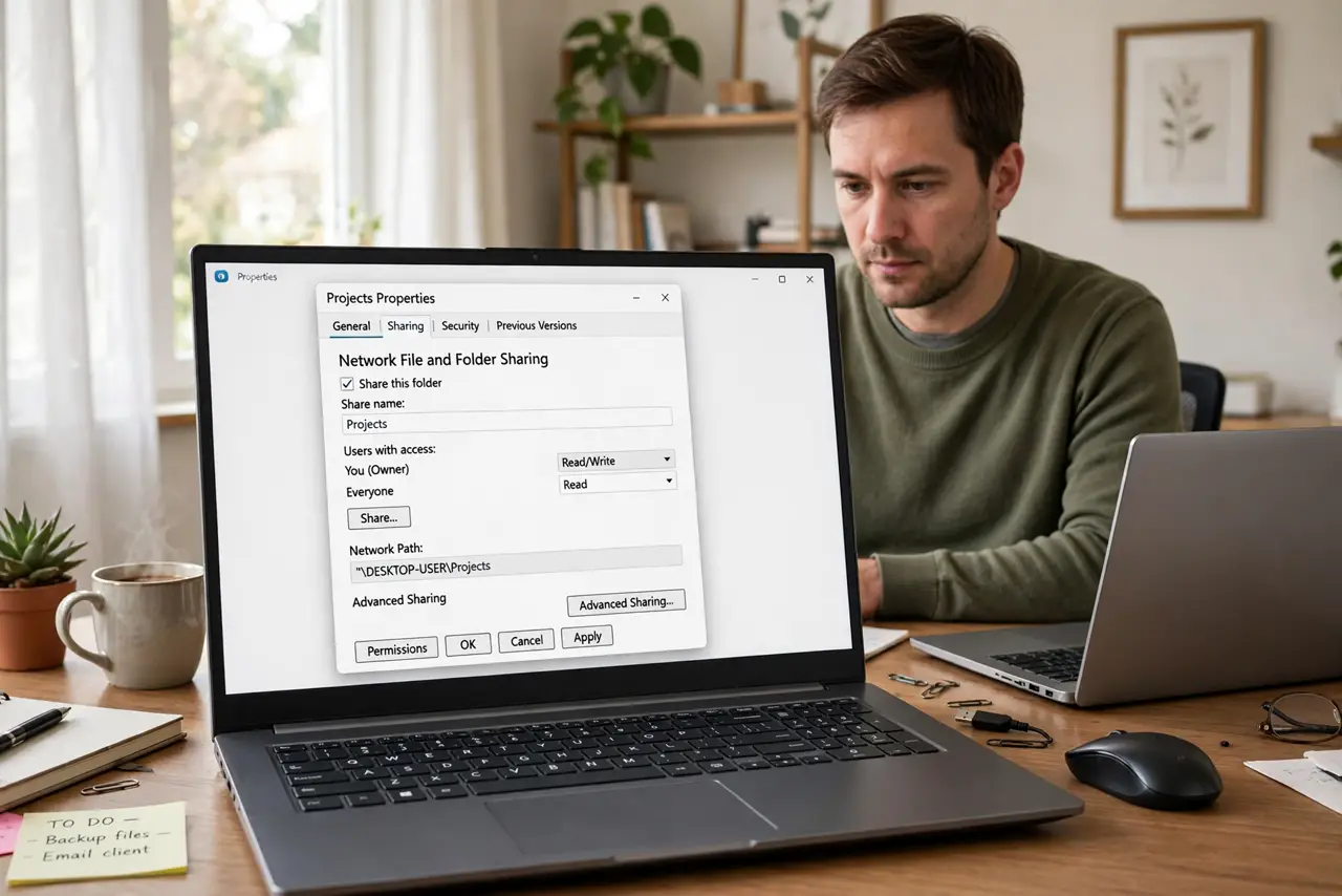 a person at a real Windows PC showing folder sharing settings with legible options, a second laptop nearby on the same desk, the person's face focused, home office. No black screen.