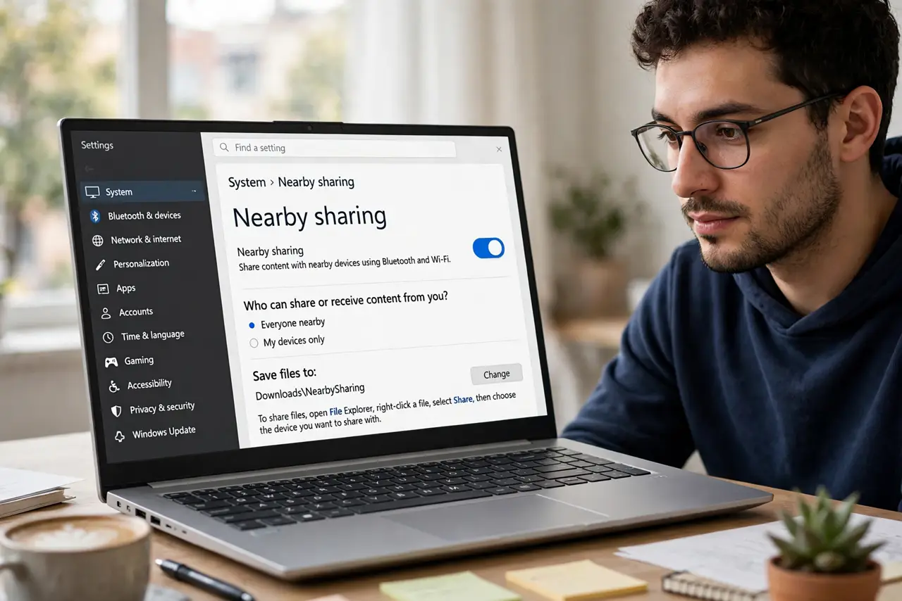 A person calmly performing the guide's first step: Enable Nearby Sharing on both PCs.