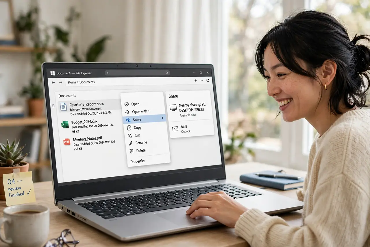 a person right-clicking a real file on a Windows PC showing the Share menu with a nearby PC legible, the person's face pleased, bright home office. No black screen, no blank white .