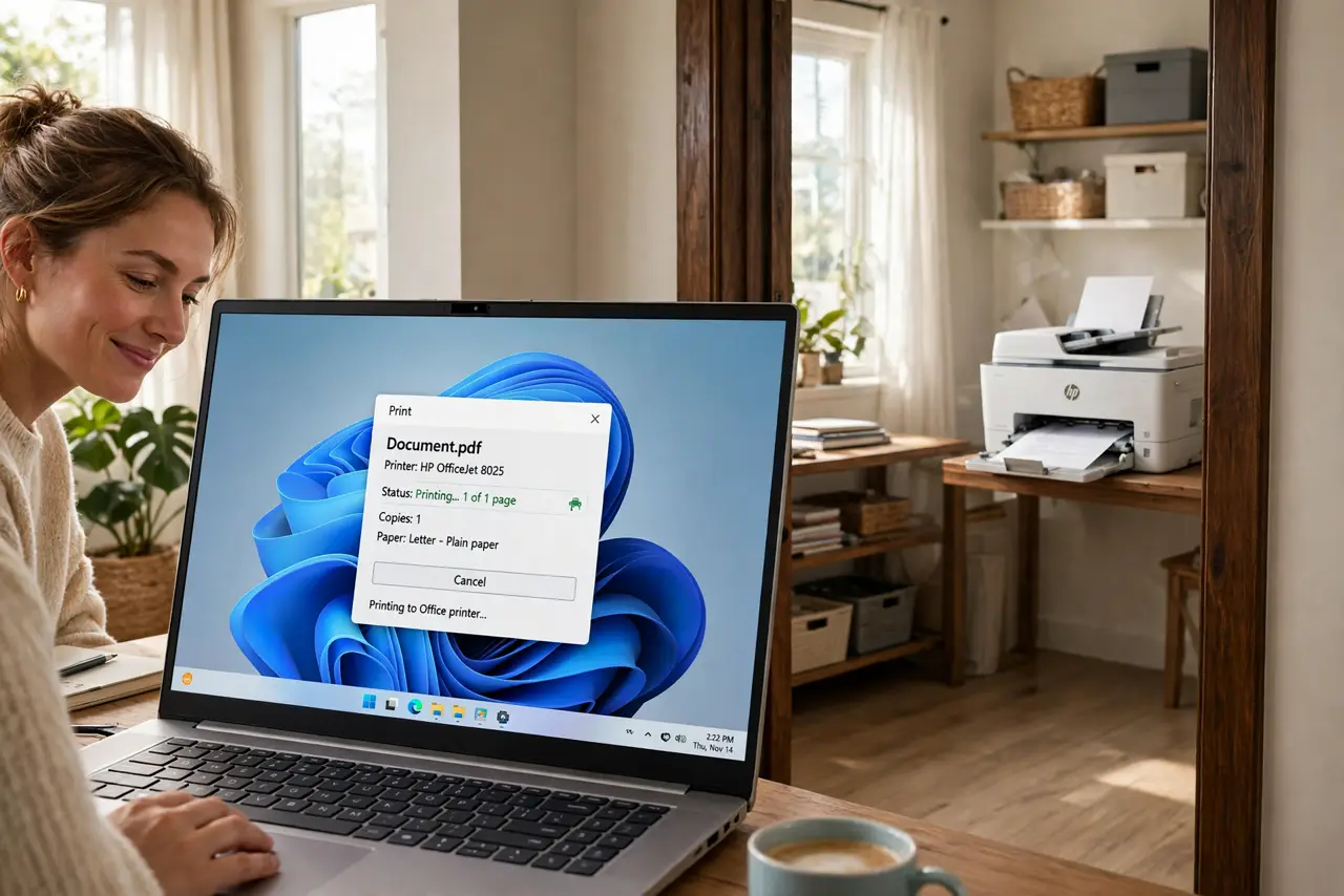 A person printing from a real laptop in one room while a real printer prints in another room, both devices visible through a doorway, the person satisfied,…
