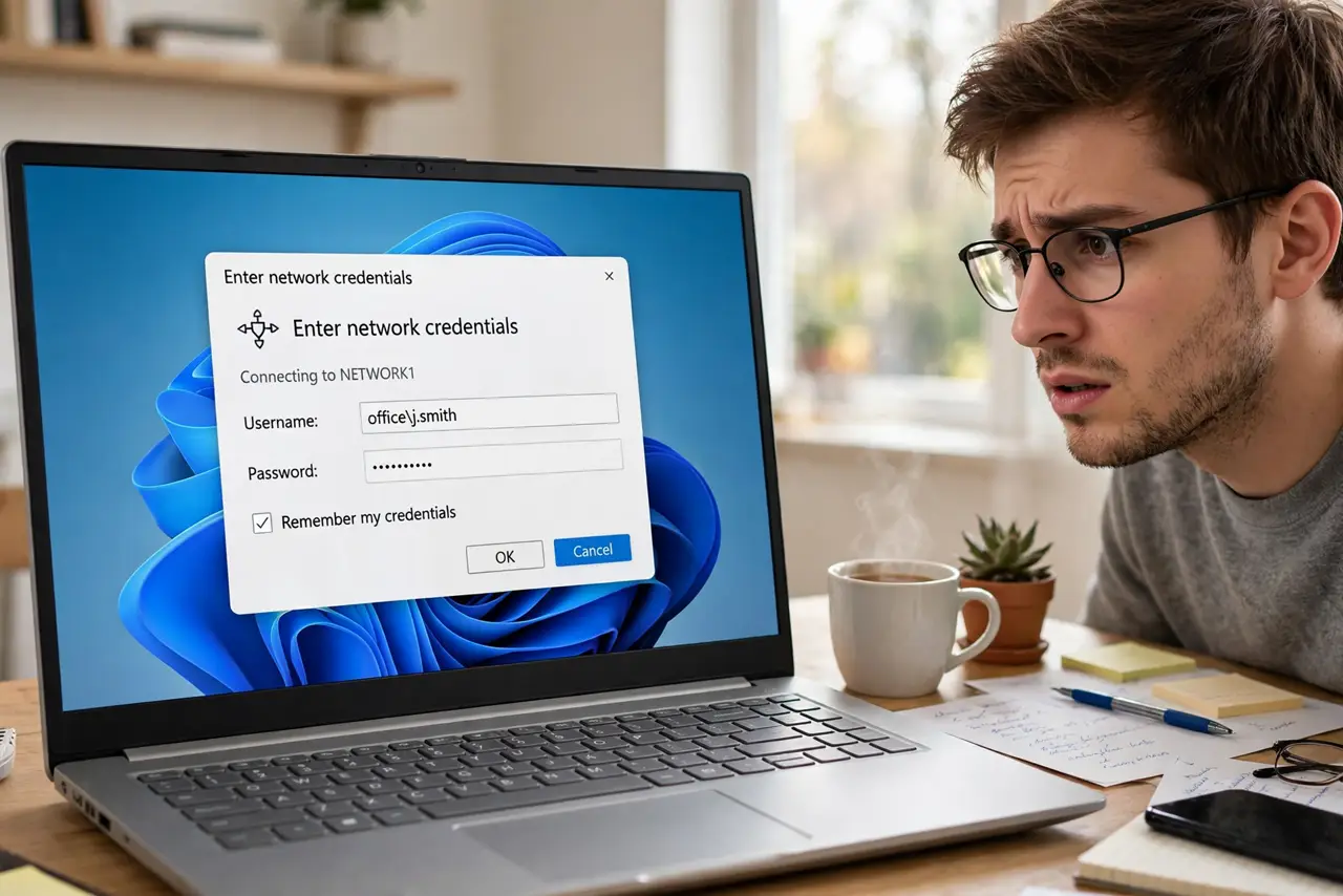 a person at a real Windows PC showing the network credentials dialog with legible text fields, the person's face puzzled, home office. No black screen, no blank white screen, no fa.